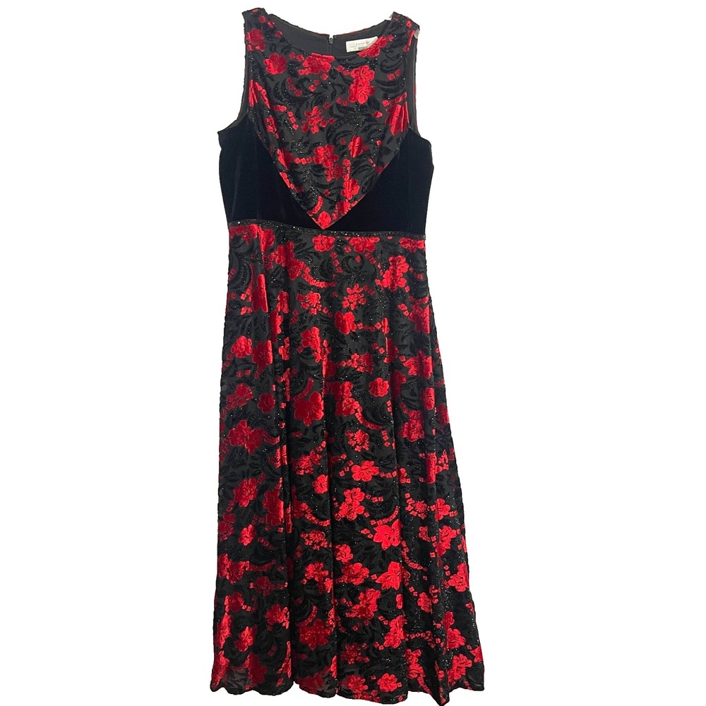 Tahari‎ ASL Arthur S Levine Velvet Sequin Red black floral dress Women's 16